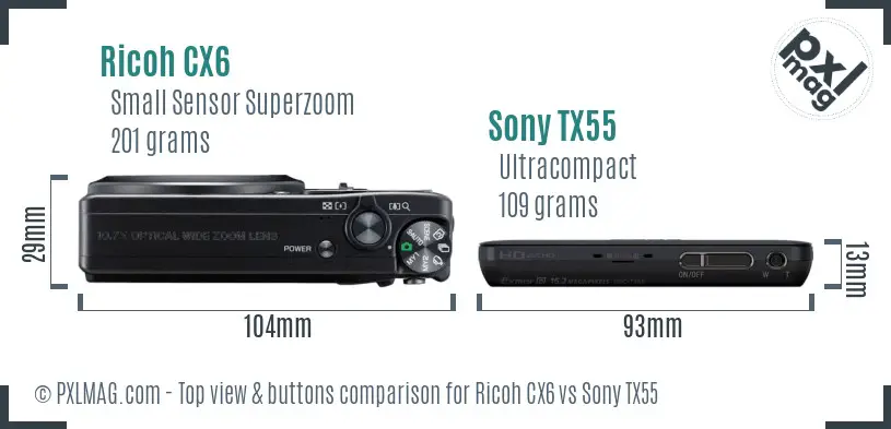 Ricoh CX6 vs Sony TX55 top view buttons comparison