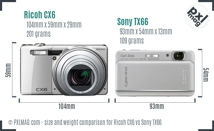 Ricoh CX6 vs Sony TX66 size comparison