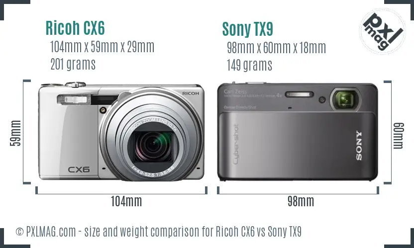Ricoh CX6 vs Sony TX9 size comparison
