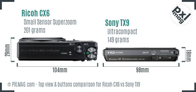 Ricoh CX6 vs Sony TX9 top view buttons comparison
