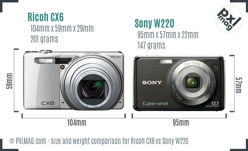 Ricoh CX6 vs Sony W220 size comparison