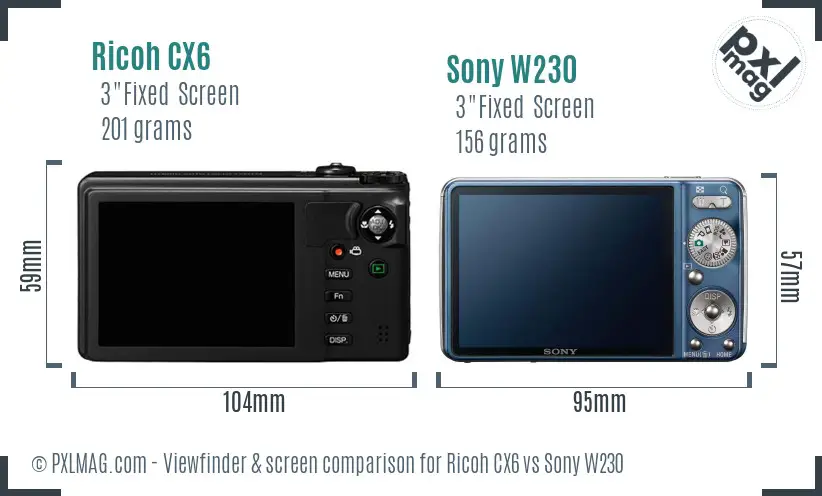 Ricoh CX6 vs Sony W230 Screen and Viewfinder comparison