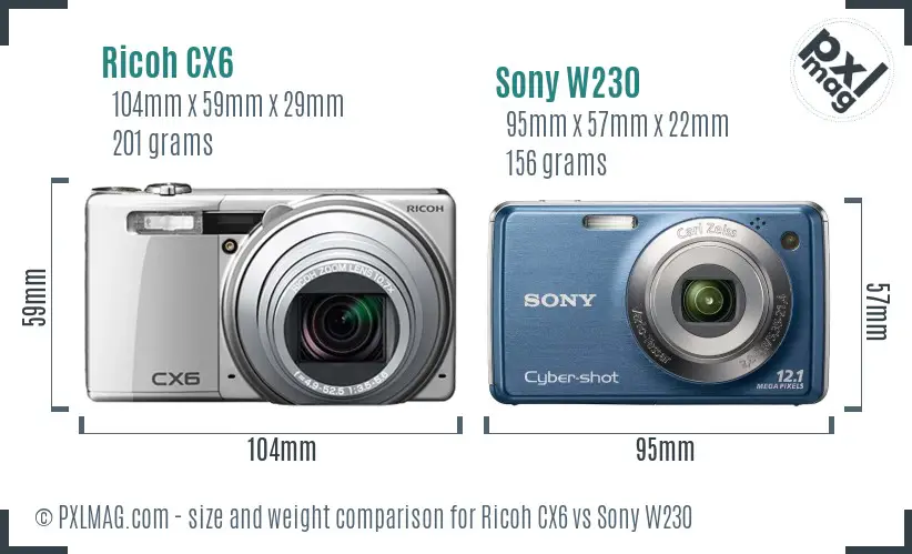 Ricoh CX6 vs Sony W230 size comparison