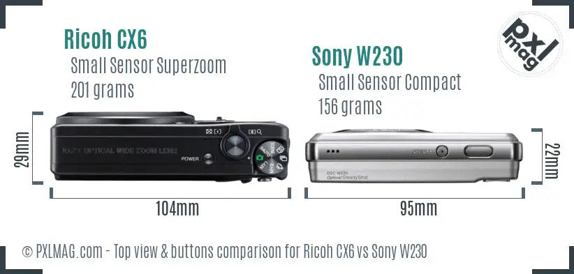 Ricoh CX6 vs Sony W230 top view buttons comparison