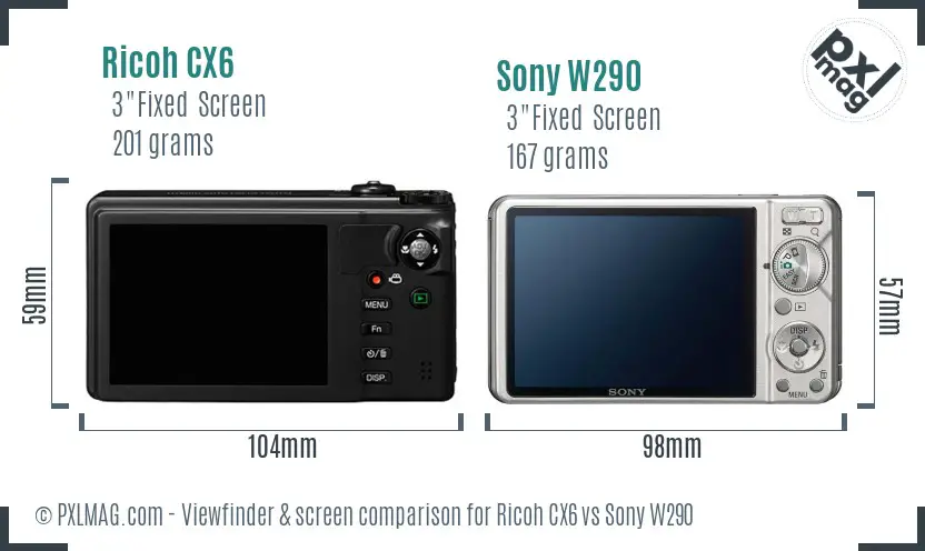 Ricoh CX6 vs Sony W290 Screen and Viewfinder comparison