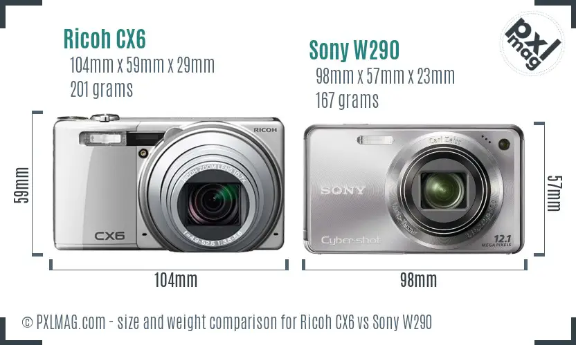 Ricoh CX6 vs Sony W290 size comparison
