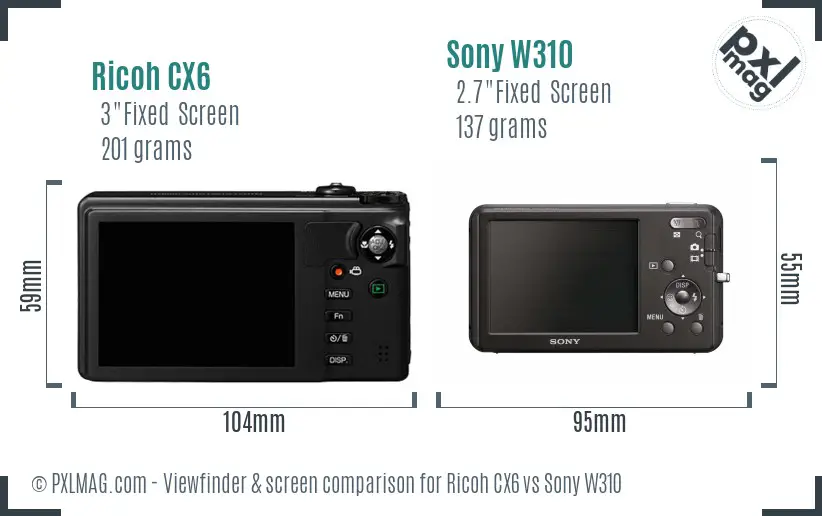 Ricoh CX6 vs Sony W310 Screen and Viewfinder comparison