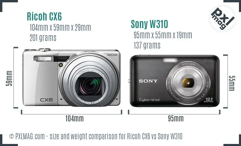 Ricoh CX6 vs Sony W310 size comparison