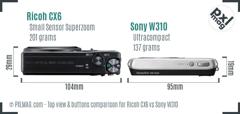 Ricoh CX6 vs Sony W310 top view buttons comparison