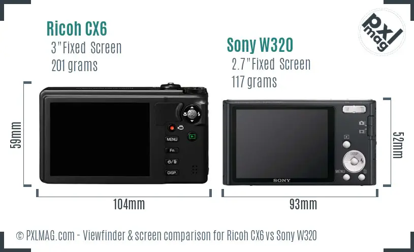 Ricoh CX6 vs Sony W320 Screen and Viewfinder comparison