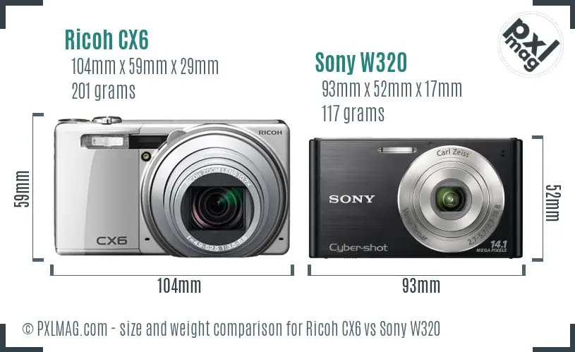 Ricoh CX6 vs Sony W320 size comparison