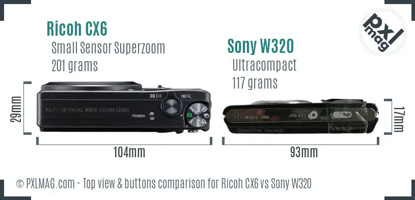 Ricoh CX6 vs Sony W320 top view buttons comparison