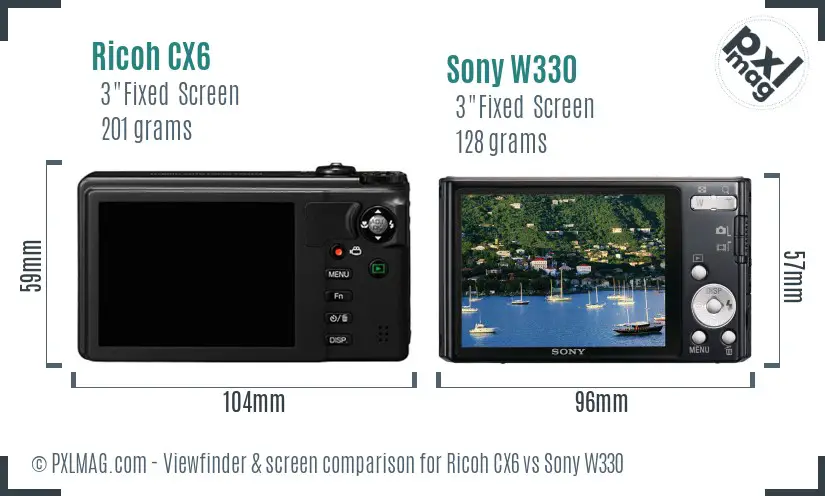 Ricoh CX6 vs Sony W330 Screen and Viewfinder comparison