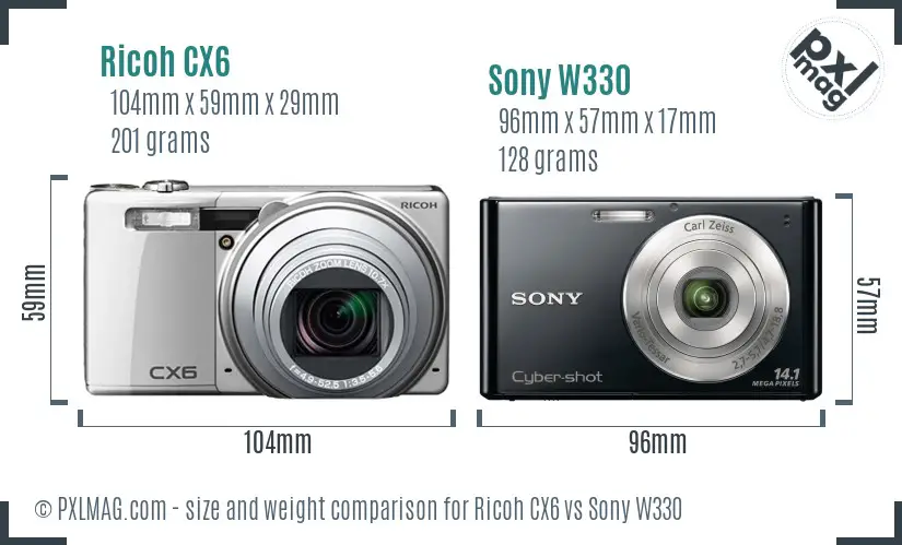 Ricoh CX6 vs Sony W330 size comparison