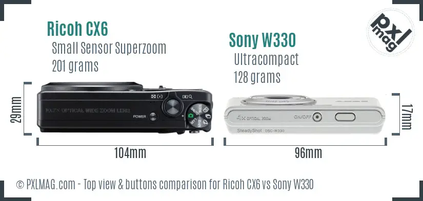 Ricoh CX6 vs Sony W330 top view buttons comparison