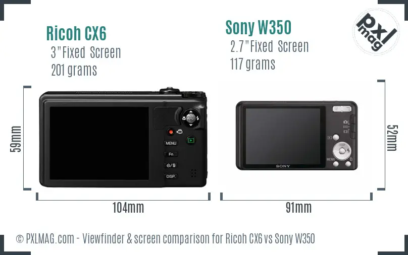 Ricoh CX6 vs Sony W350 Screen and Viewfinder comparison