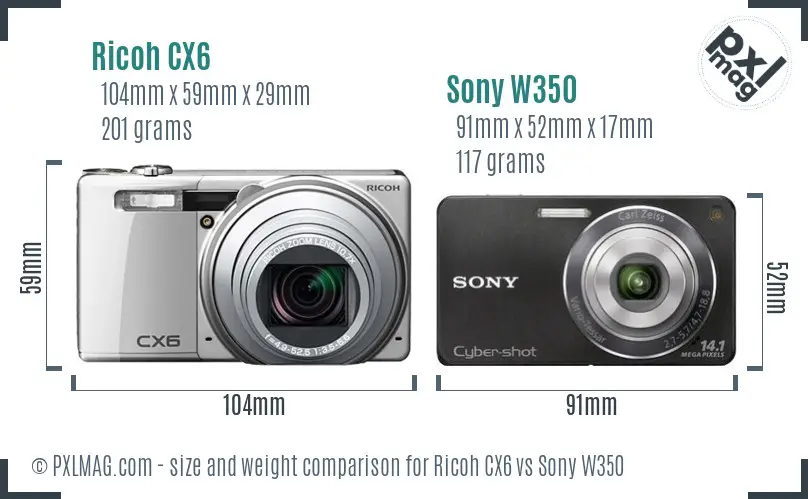 Ricoh CX6 vs Sony W350 size comparison