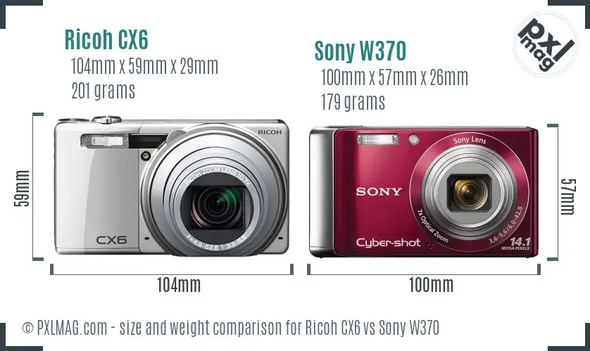 Ricoh CX6 vs Sony W370 size comparison