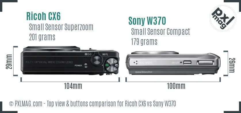 Ricoh CX6 vs Sony W370 top view buttons comparison