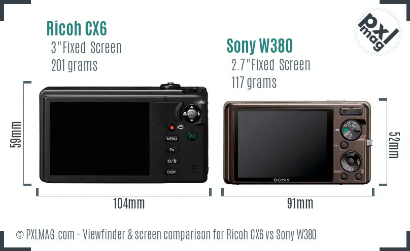 Ricoh CX6 vs Sony W380 Screen and Viewfinder comparison
