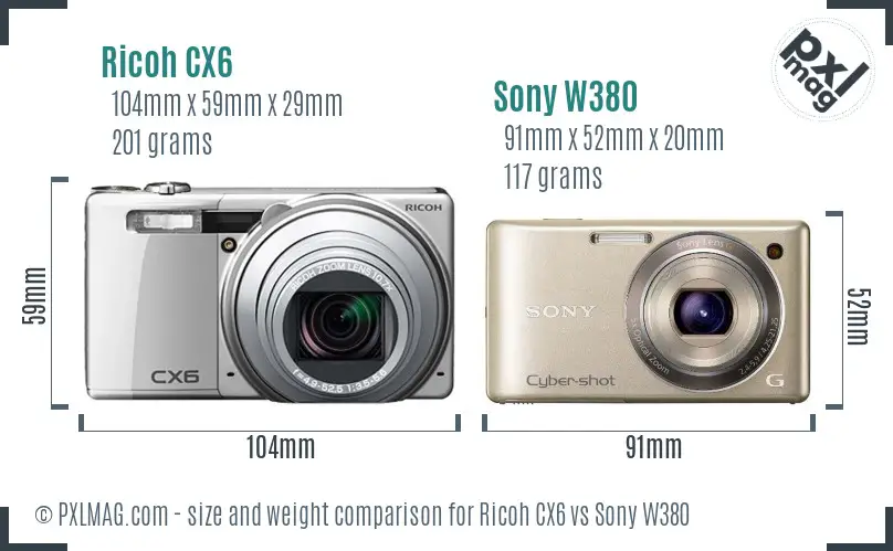 Ricoh CX6 vs Sony W380 size comparison