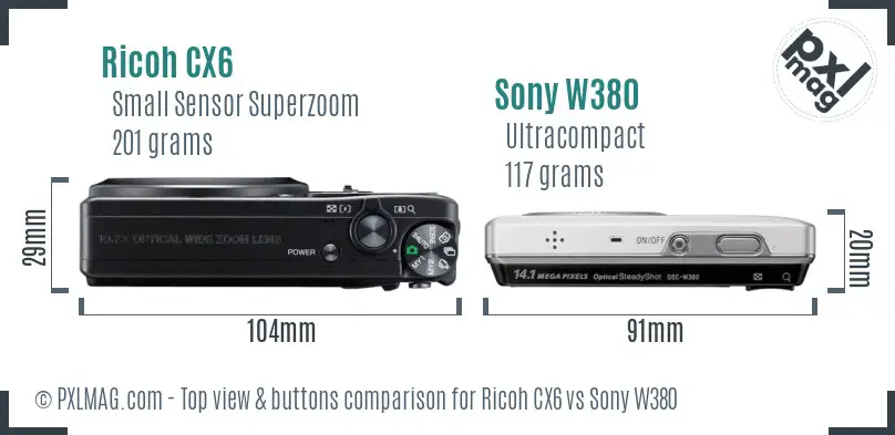 Ricoh CX6 vs Sony W380 top view buttons comparison