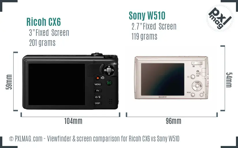 Ricoh CX6 vs Sony W510 Screen and Viewfinder comparison