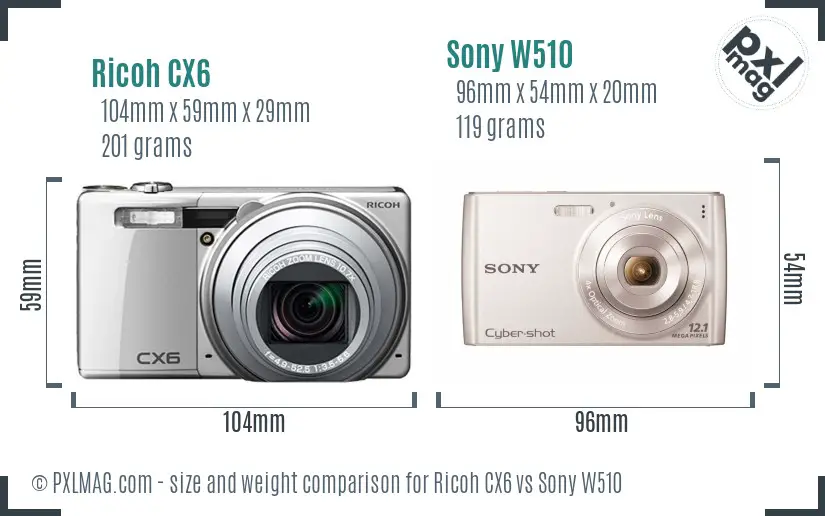 Ricoh CX6 vs Sony W510 size comparison