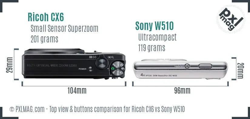 Ricoh CX6 vs Sony W510 top view buttons comparison