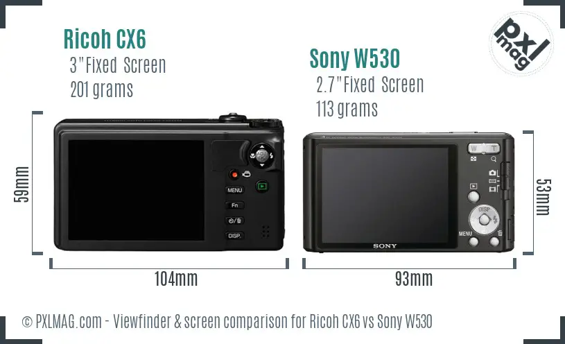 Ricoh CX6 vs Sony W530 Screen and Viewfinder comparison