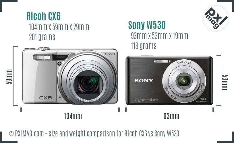Ricoh CX6 vs Sony W530 size comparison