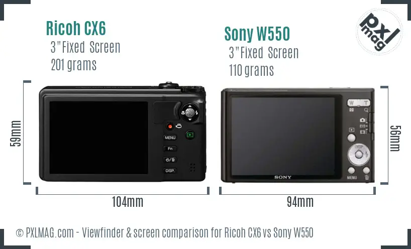 Ricoh CX6 vs Sony W550 Screen and Viewfinder comparison