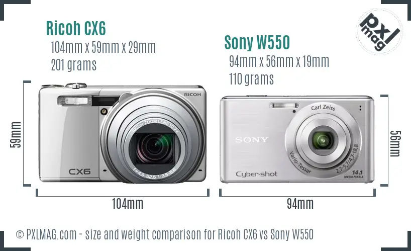 Ricoh CX6 vs Sony W550 size comparison