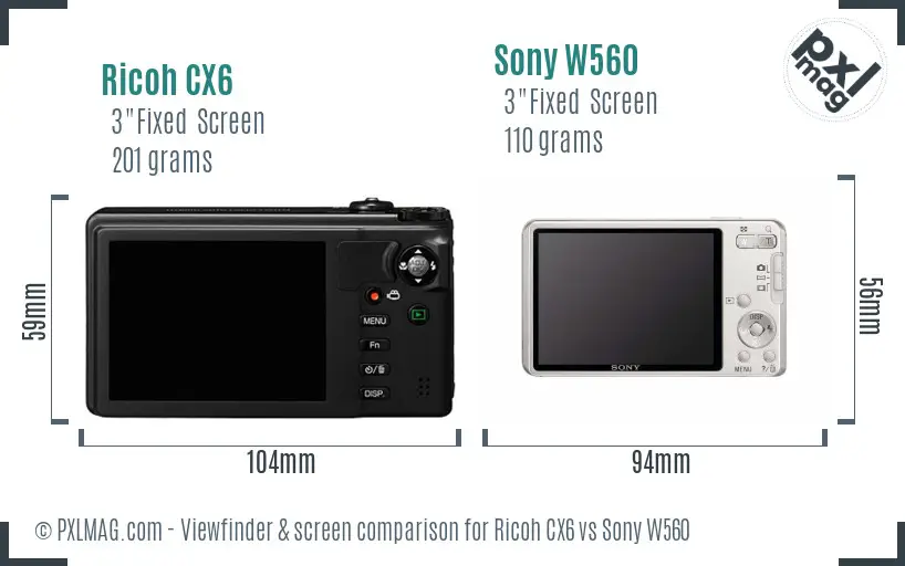 Ricoh CX6 vs Sony W560 Screen and Viewfinder comparison