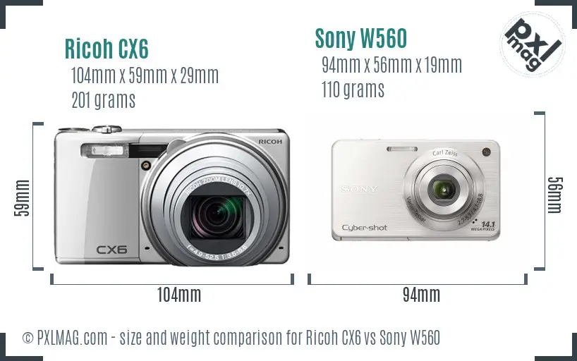 Ricoh CX6 vs Sony W560 size comparison