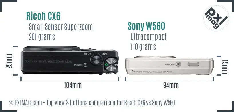 Ricoh CX6 vs Sony W560 top view buttons comparison