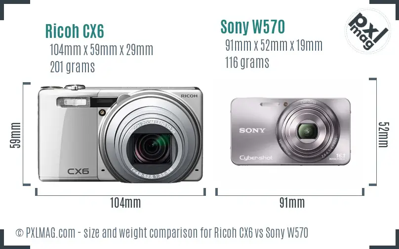 Ricoh CX6 vs Sony W570 size comparison