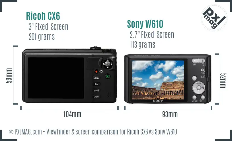 Ricoh CX6 vs Sony W610 Screen and Viewfinder comparison