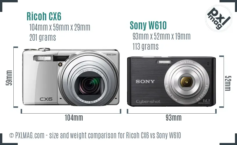 Ricoh CX6 vs Sony W610 size comparison