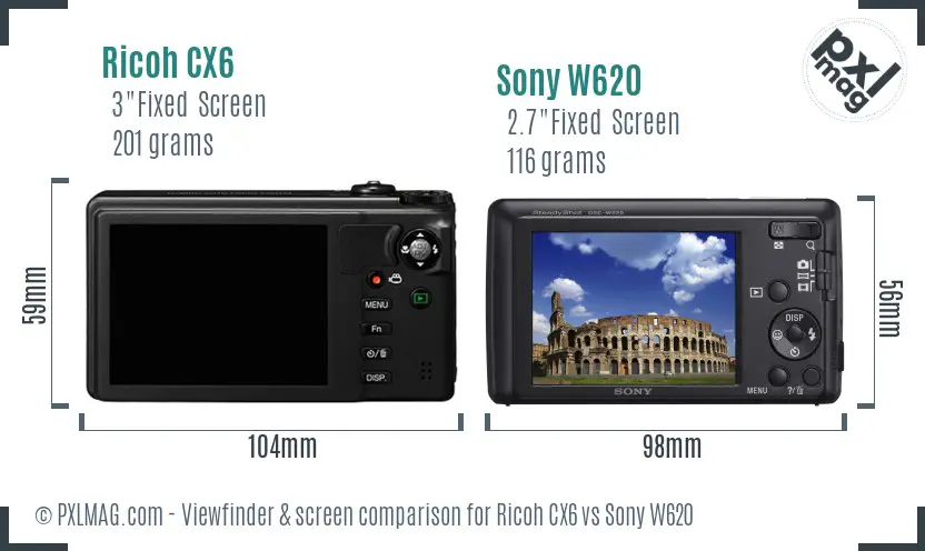 Ricoh CX6 vs Sony W620 Screen and Viewfinder comparison