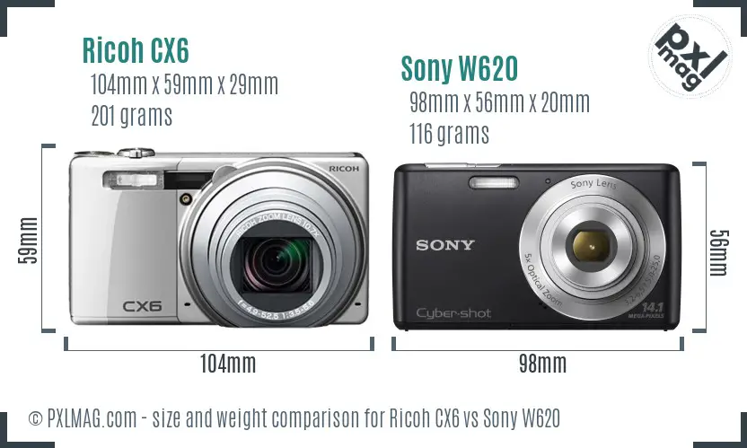 Ricoh CX6 vs Sony W620 size comparison