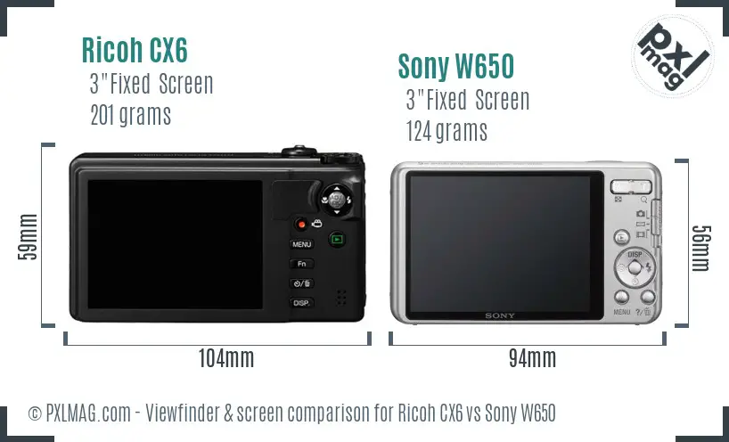Ricoh CX6 vs Sony W650 Screen and Viewfinder comparison