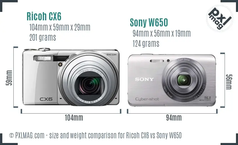 Ricoh CX6 vs Sony W650 size comparison