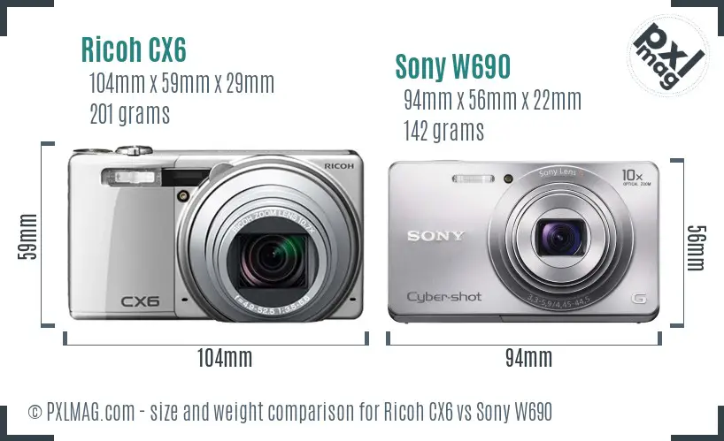 Ricoh CX6 vs Sony W690 size comparison