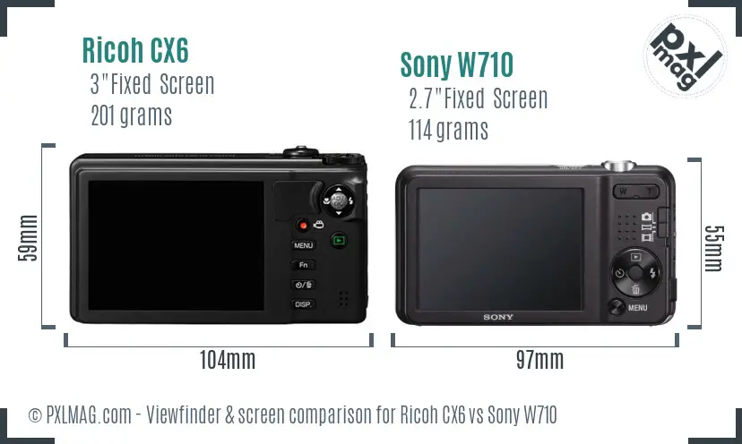 Ricoh CX6 vs Sony W710 Screen and Viewfinder comparison