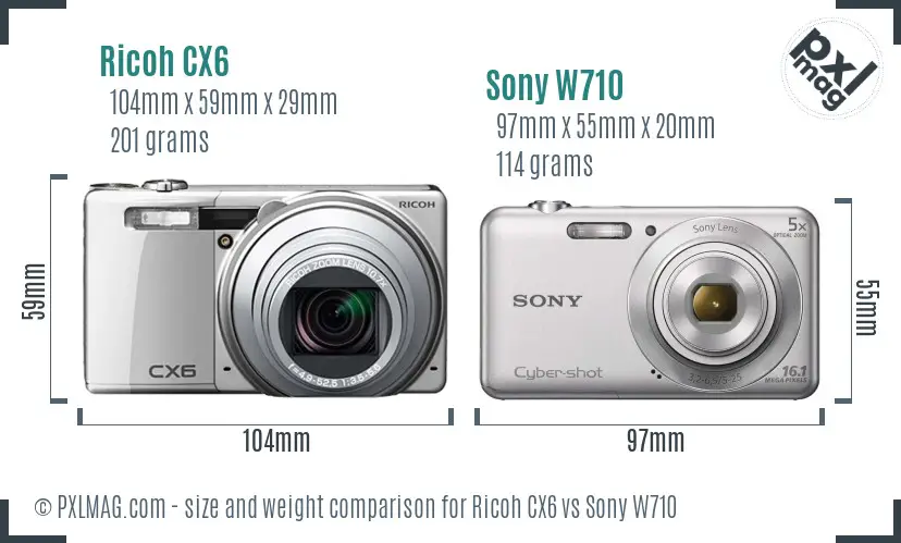 Ricoh CX6 vs Sony W710 size comparison