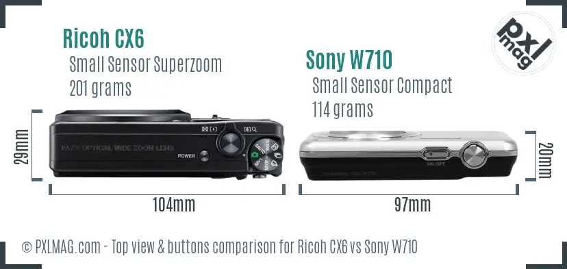 Ricoh CX6 vs Sony W710 top view buttons comparison