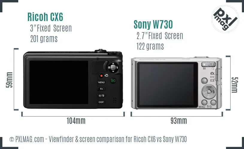 Ricoh CX6 vs Sony W730 Screen and Viewfinder comparison