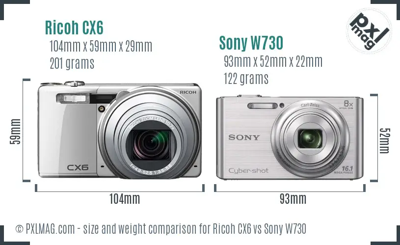 Ricoh CX6 vs Sony W730 size comparison