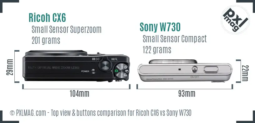 Ricoh CX6 vs Sony W730 top view buttons comparison